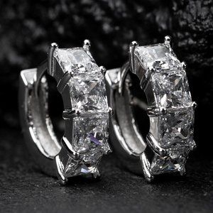 Men Women Princess Cut Cz Stone White Gold 925 Sterling Silver Hoop Earrings
